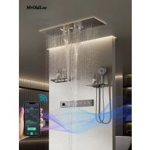 Zestaw prysznicowy łazienkowy, podtynkowy termostat, mosiężny, LED, wyświetlacz cyfrowy, złoty, wbudowany, duży deszczownica sufitowa, Bluetooth