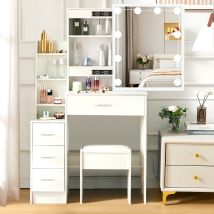 Weißer Glamouröser LED-Schminktisch mit Schiebespiegel, 4 Schubladen, Hocker, 3 Farben Dimmbar, Montage-Freundlicher Make-up-Tisch