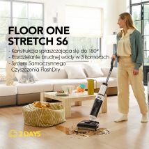 Tineco Floor One Stretch S6 Odkurzacz do mopowania na mokro i sucho, płaski design 180° z wysokością 13 cm, samoczyszczenie FlashDry 70°C w 5 min, 3-stronne czyszczenie krawędzi, czas pracy 40 min,
