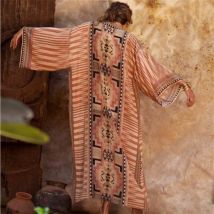 TEELYNN Boho Strand Robe Baumwolle Orange Ethnische Floral Print Kimono Vestidos Frauen Langarm Tunika Top Blusen Abdeckung Up Boho