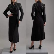 Beading Women Long Blazer Dress With Belt Luxury Pearls Prom Evening Guest Formal Wear Customized Jacket One Piece
