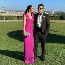 CUYUN Fuchsia Elegant Women Wedding Party Dress for Guest Customized Bow Straps Sleeves Formal Event Dress Banquet Dinner Gown