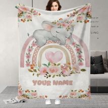 Benutzerdefinierter Name mit einer Decke mit schönem grauem Elefanten- und Regenbogenmuster – Geschenk zum Geburtstag, süßes und herzwärmendes Design