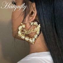 Haiyufly Custom Name Heart Bamboo Earring for Women Girls Stainless Steel Jewelry Personalized Letter Kids Mother's Day Gift