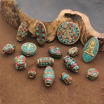 2 #   Handgefertigte nepalesische buddhistische tibetische Messing-Metall- und Ton-lose Bastelperlen für Halsketten-Schmuckherstellung, Zubehör zum Selbermachen