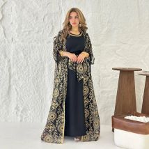 Schwarzes muslimisches zweiteiliges, exquisites goldenes Blumenstickerei-Kleid mit gebundenem Ärmeldetail, elegantes Kleid für Ramadan Eid, Saudi-Arabien-Trends