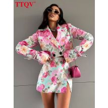 TTQV Fashion Pink Print 2 Pieces Set For Woman Elegant Long Sleeve Button Crop Shirts And High Waist Side Slit Mini Skirts Set