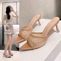 Modische, vielseitige High-Heel-Hausschuhe, spitze Zehen, mit Strass verziert, einteilige Riemensandalen, lässige, elegante Damenschuhe