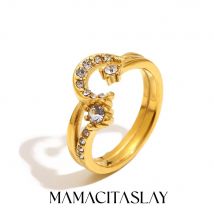 MamacitaSlay 316L Edelstahl Zirkon Stern Mond Doppelschichtiger Ring Party Wasserdichter Schmuck Damen Eleganter Charm Ring Geschenk