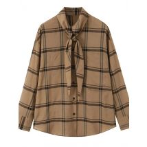 Women's new plaid shirt looks slim and versatile early autumn temperament layered tops for women's scarf and collar shirt