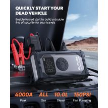 BUTURE Car Jump Starter Sprężarka powietrza z Power Bankiem 4000A Peak Przenośny rozrusznik akumulatorowy 150PSI Pompa powietrza ze światłem LED