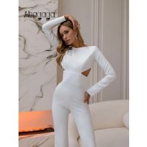 Ahagaga High-end Women's Jumpsuit Solid O-Neck Regular Long Sleeves Backless Skinny Casual Office Trend Female Rompers Zipper