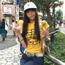 Karrram Japanisches Y2k Briefdruck T-Shirt Vintage Harajuku Crop Top Trashy 2000er Jahre Stil Kurzarm T-Shirt American Retro 90er Jahre