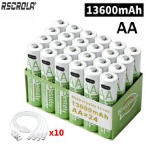 Batteria al litio ricaricabile USB Rscrola 1,5 V AA 13600 mAh, batteria AA agli ioni di litio a ricarica rapida Ciclo 2000 con cavi con porta C