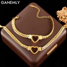 GANEMLY 316L Edelstahl Hohl Herz Halskette Armbänder Wasserdicht Schmuck Charme Metallic Gold Farbe Kette Mode Dame Geschenk