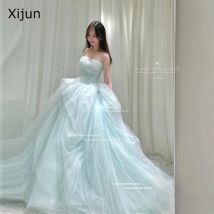 Xijun Prinzessin Mint Tüll Brautkleider A-Linie Koreanisches Fotoshooting Lange Ballkleider Ärmelloses Hochzeitskleid Maßgeschneidert