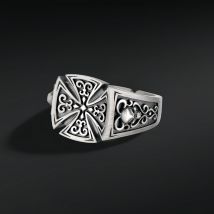 Retro Croix de Guerre Rose Pattern Adjustable Open Ring For Men Silver-plated Copper Punk Gothic Edgy Jewelry Accessories Gift