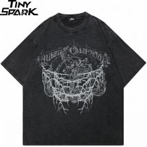 Hip Hop Vintage Gewaschen Schwarz T-Shirt Streetwear Retro Grafik Blitz T Shirt Baumwolle Unisex T-shirt Männer Tops Tees Hipster