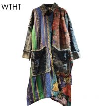 WTHT Mode Trendy frauen Gespleißt Gestreiften Denim Langen Mantel 2024 Herbst Revers Große Taschen Einreiher Jacke Weibliche 1LS214