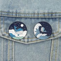 Ocean Whale Enamel Pins Sea Wave Starry Moon Brooches Lapel Badges Clothes Cartoon Fun Animal Jewelry Gift for Kids Friends