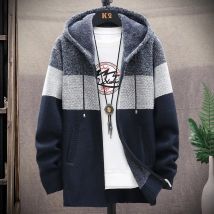 Männer Stricken Fleece Pullover Gestreiften Mantel Strickjacke Hoodies Winter Herbst Dicke Warme Windjacke Pullover Männliche Kleidung Größe 4XL