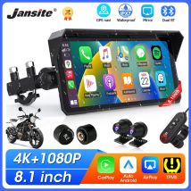Ekran motocyklowy Jansite 8.1 cala 4K z CarPlay, kamera samochodowa 4K, bezprzewodowy Android Auto, Bluetooth, nawigacja GPS, wyświetlacz wodoodporny IPX7