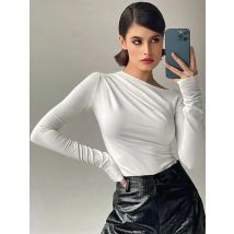 Langarm Top Weiße T-Shirts Frauen Basic Crop Top Herbst Pullover Solide Skew Neck T Shirt Streetwear Basic Schwarz Y2K Tees