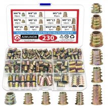 130/230 szt. Wkładki gwintowane nakrętki, gwintowane wkładki drewniane nakrętki asortyment zestaw narzędzi, 11 rozmiarów metryczne M4/M5/M6/M8/M10 gniazdo sześciokątne Dri