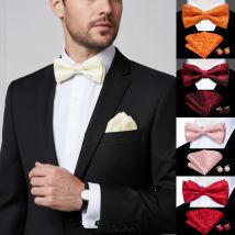 Mens Pretied Bowtie Red Yellow Pink White Floral Stripes Bow Tie Pocket Square Cufflinks  Set Wedding Formal Casual Office Party