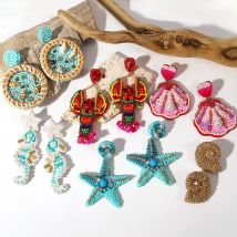 AENSOA Bohemian Starfish Lobster Conch Seed Bead Drop Earrings dla kobiet Ręcznie robione kolczyki z zwierzętami oceanicznymi Biżuteria letnia plaża