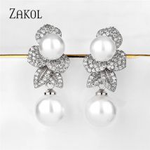 ZAKOL New Temperament Shiny Micro-inlaid Cubic Zirconia Pearl Drop Earrings Luxury Leaf Engagement Party Jewelry for Women