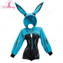 MOBBUNNY Damen Vocal Derivative Sexy Cosplay Cyber Style Enger Sportbekleidungs-Body mit Kapuze, kurzer Jacke und Kopfschmuck