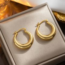 LUXUKISSKIDS Chunky Gold/Silver Color Hoop Earrings For Woman Big Round Smooth Ears Clips Stainless Steel Vintage Jewelry Gifts