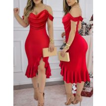 Frühling Sommer Fashion Solid Party Off Schulter Kleid Sexy Schwingen Kragen Heraus Hülse Split Hüfte Rock Elegante Dünne Frauen Kleider