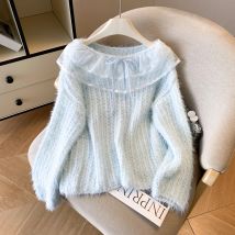 Damen Blaue Spitze Patchwork Niedliche Schleife Pullover Pullover Harajuku Vintage 2000er Y2k Langarm Weiche Gemütliche Strickwaren Pullover Herbst