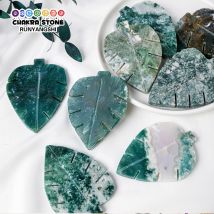 1pc natürliche kristall grüne Moo sachat blatts chnitzereien Kristall heils tein Handwerk für Wohnzimmer Dekor Schmuck Ornament Zubehör