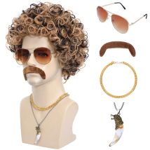 Synthetisches 6-teiliges Set 70er 80er Disco-Perücke mit Schnurrbart, Sonnenbrille, Halskette, goldene Kette, kurzes lockiges Haar, Afro-Herren, 60er-Jahre-Rocker