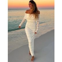 Trendix Elegantes schulterfreies Kleid, figurbetont, modisch, Patchwork, langärmelig, Maxikleider für Damen, Strandurlaub, schlankes Partykleid