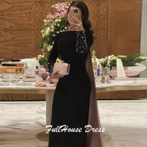 Nach Maß O-Ausschnitt Solide Sexy Mantel rückenfreies Abendkleid Langarm Perlen Kristall bodenlanges Partykleid mit Hof