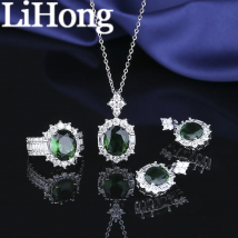 Schmuckset aus 925er-Sterlingsilber, eingelegt mit kaiserlichem grünem Zirkon, Halskette, Ohrringe, Ring, elegantes Damen-Schmuckset