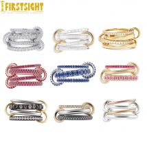 2025 New Iced Out  Multi Color Link Chain Connect Band Finger Ring Two Tone Gold Color Zircon Rings For Women Fashion Jewelry