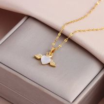Neue süße Opal Herz Engel Flügel Halsketten für Frauen süße sexy weibliche Edelstahl Halskette Schmuck Mädchen Geschenk Großhandel