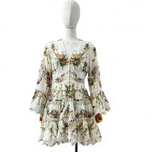 White Green Floral Lace Patchwork Long Sleeve Mini Dress