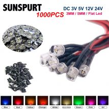 20-1000pcs 3mm/5mm Red/Green/Blue/RGB white Pink UV DC3V 5V 12V 24V Flat Top Round Pre-Wired Water Clear LED With Plastic Holder