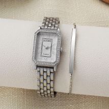 Simple and Fashionable Diamond Square Dial Roman Numerals Steel Strap Women's Quartz Watch Set Two-Piece Set for Holiday Gifts