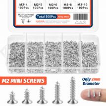 500 pz Mini M2 Viti Autofilettanti Phillips Testa Piatta Kit Assortimento di Acciaio Legato 5 Formati Viti Per Legno Con Azionamento Trasversale Set FAI DA TE