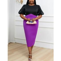 Schwarz und lila Patchwork Frauen schicke Scheide Party kleid Bodycon o Hals Laterne Ärmel Bleistift Bodycon Büro Dame plus Größe neu