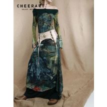 CHEERART Ölgemälde Grün Schulterfrei Maxikleid 2025, Frau Vintage Mesh Tunika Langes Urlaubskleid Damen High Fashion