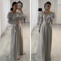 Quadratischer Ausschnitt Temperament Lautsprecher Ärmel Krawatte Frauen Kleid Sommer einfarbig lang ärmelig hoch tailliert Slim Fit langen Rock