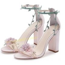 Purple Flowers Thick Heel Sandals Women Elegant Wedding Green Leaf Decor Lovely Sandals Female Summer Outfit Party Evening Shoes